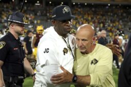 Colorado Buffaloes head coach Deion Sanders celebrates a victory with Defensive Coordinator Charles Kelly after a football game between the Colorado Buffalos and the Arizona State Sun Devils on October 7th, 2023